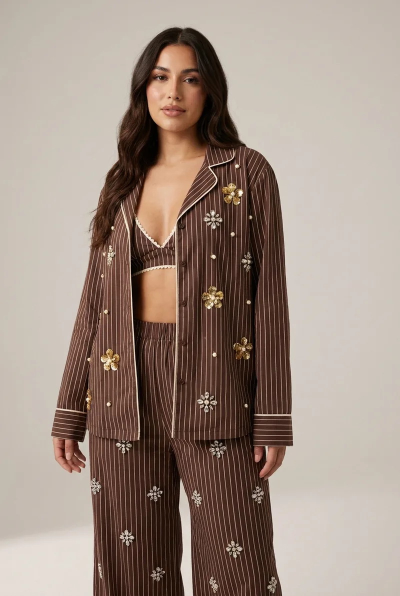 the cocoa pinstripe set in chocolate