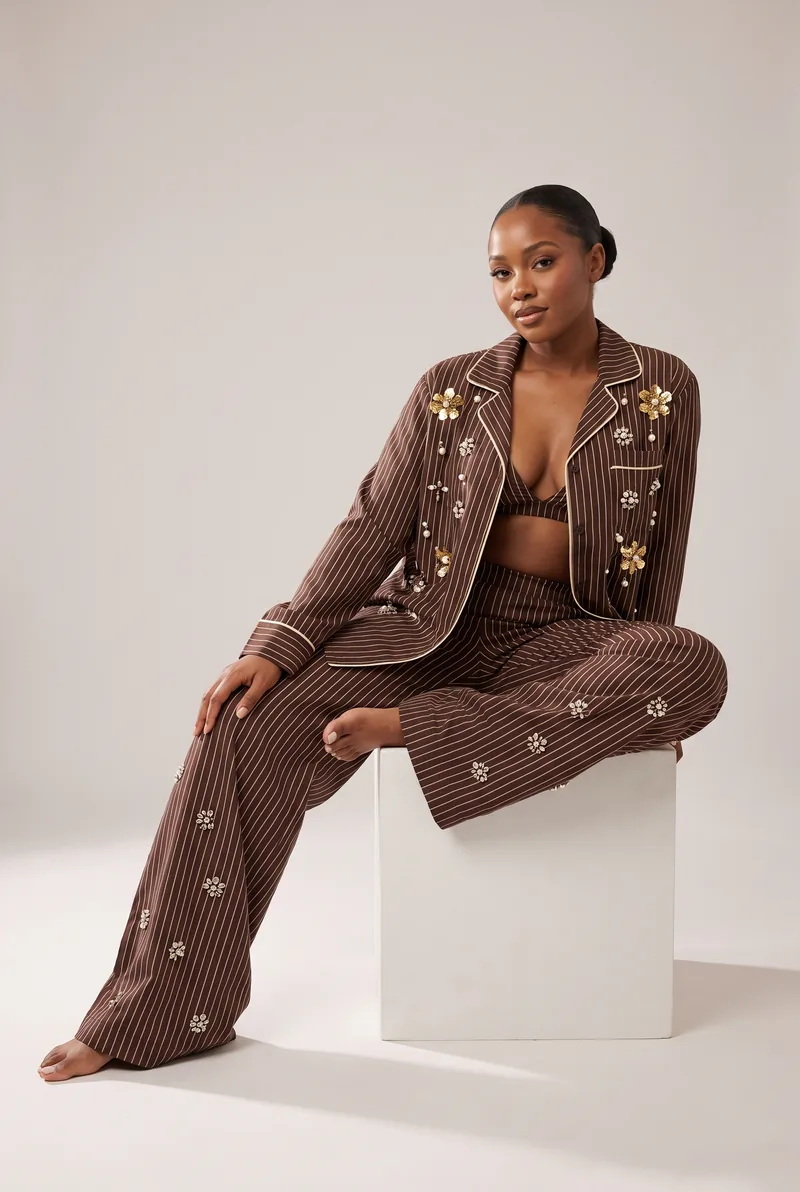 the cocoa pinstripe set in chocolate