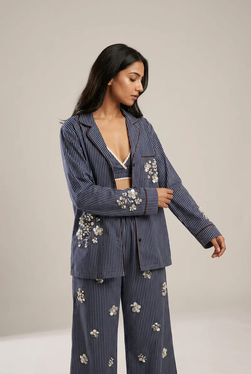 the crystal pinstripe set in navy