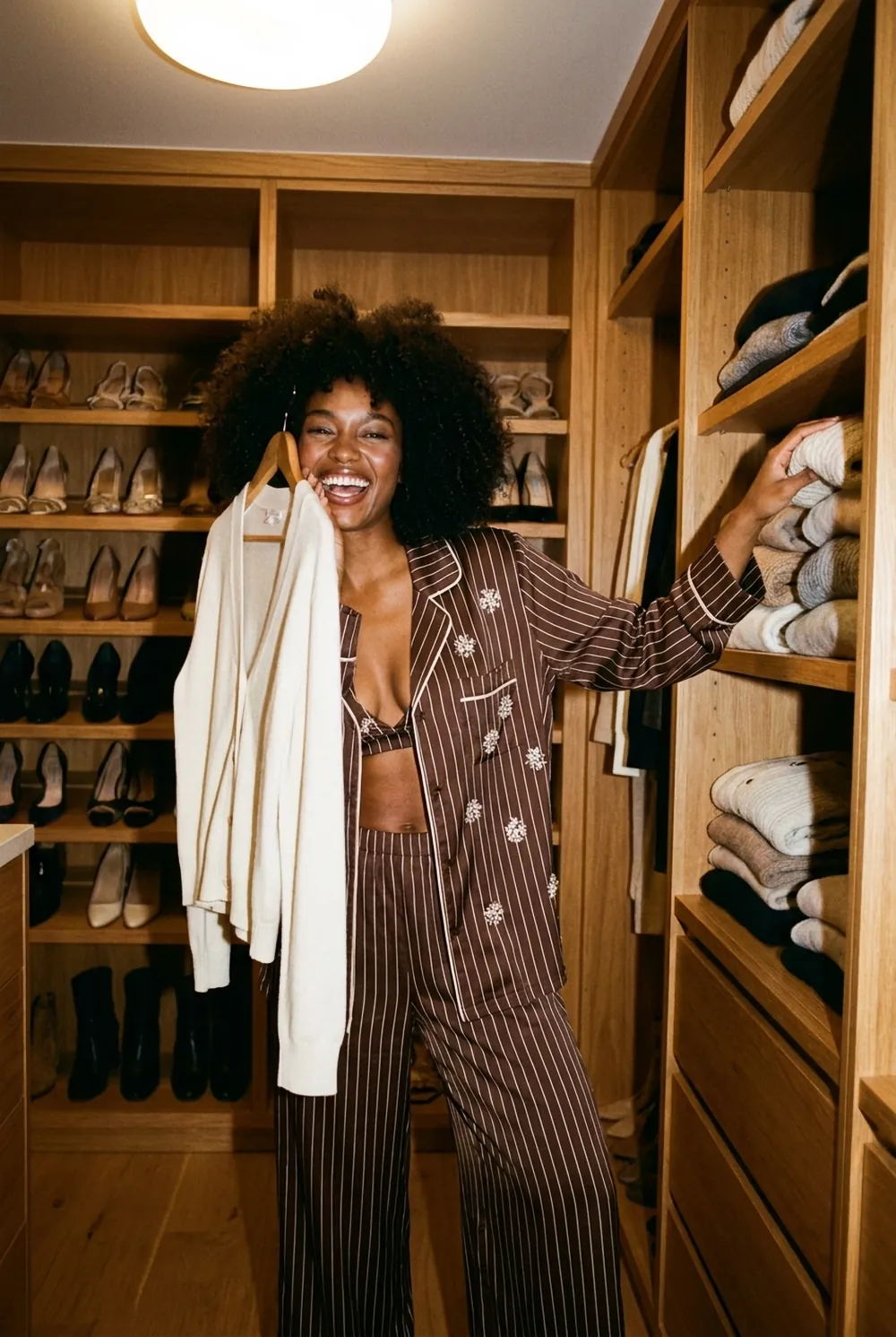 Laughing in a walk in wardrobe in the cocoa pinstripe set