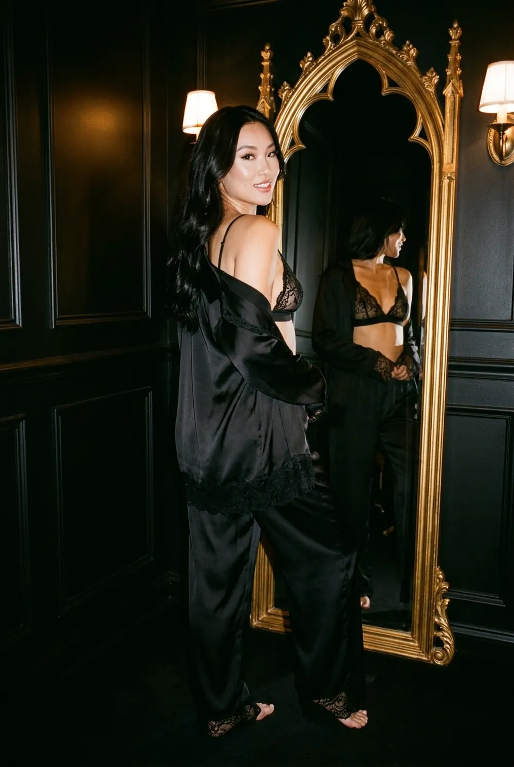 forever the it girl: midnight lace set in a gilded mirror room