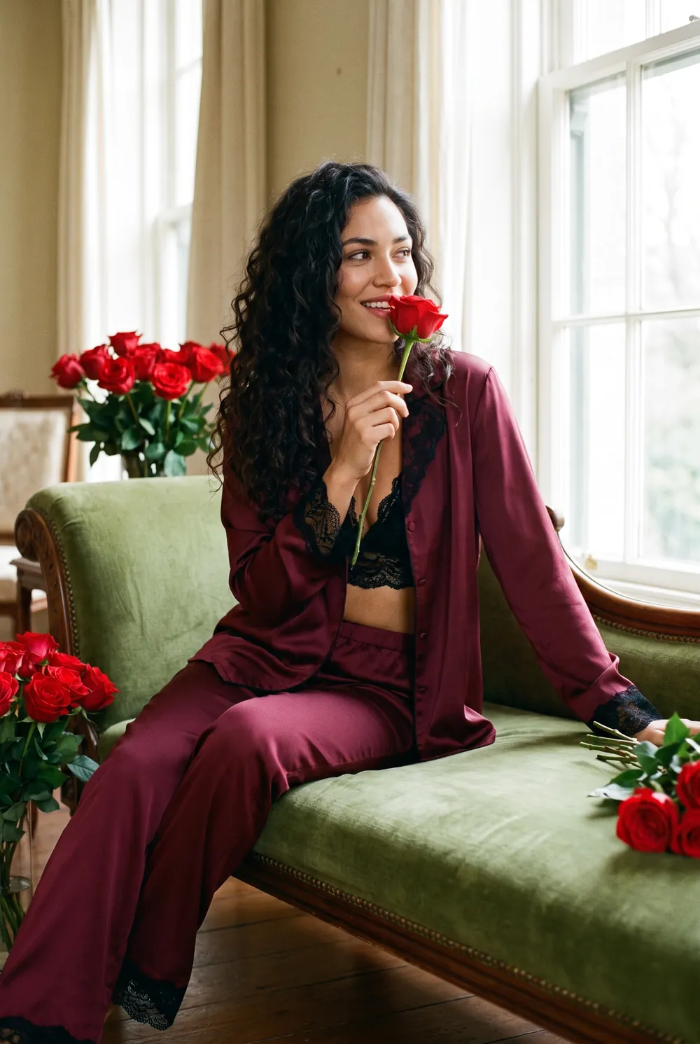 hopeless romantic: wine lace set with red roses